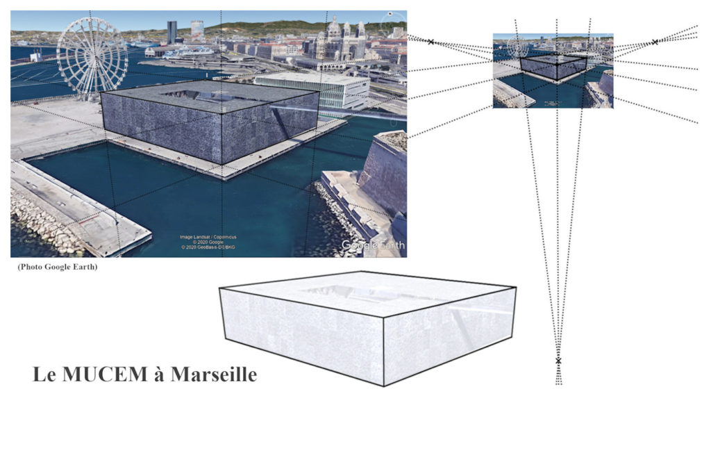 Illustration de la perspective avec trois points de fuyante à l'aide d'une photo Google Earth du Mucem à Marseille.