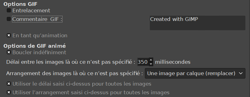 Réglages du Gif animé: En tant qu'animation, boucler indéfiniment, délai entre les images 350 millisecondes, une image par calque, utiliser le même délai, utiliser le même arrangement.