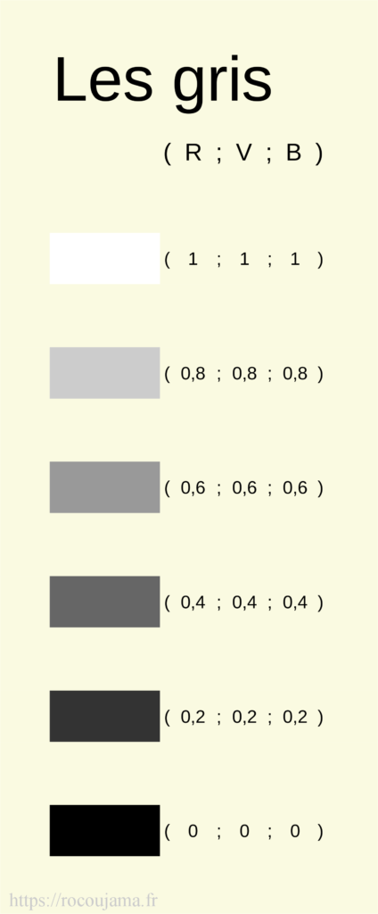 dégradés de couleurs blanc, gris, noir et codes RVB associés