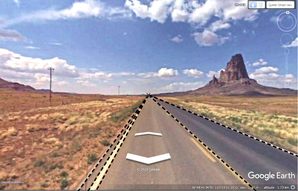 Exemple de perspective avec un point de fuyante avec la route Highway 169 en Arizona.