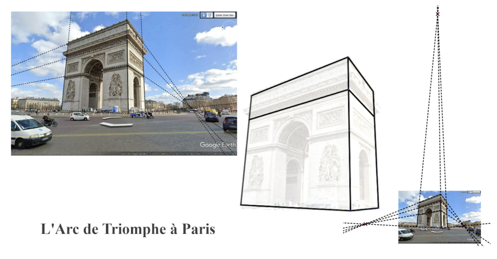 Illustration de la perspective avec trois points de fuyante à l'aide d'une photo Google Earth de l'arc de Triomphe à Paris.