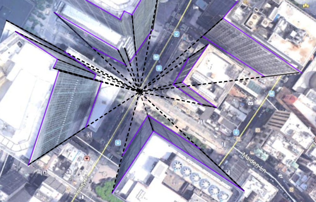 Exemple de perspective avec un point de fuyante avec des buildings de Manhattan vus du ciel.